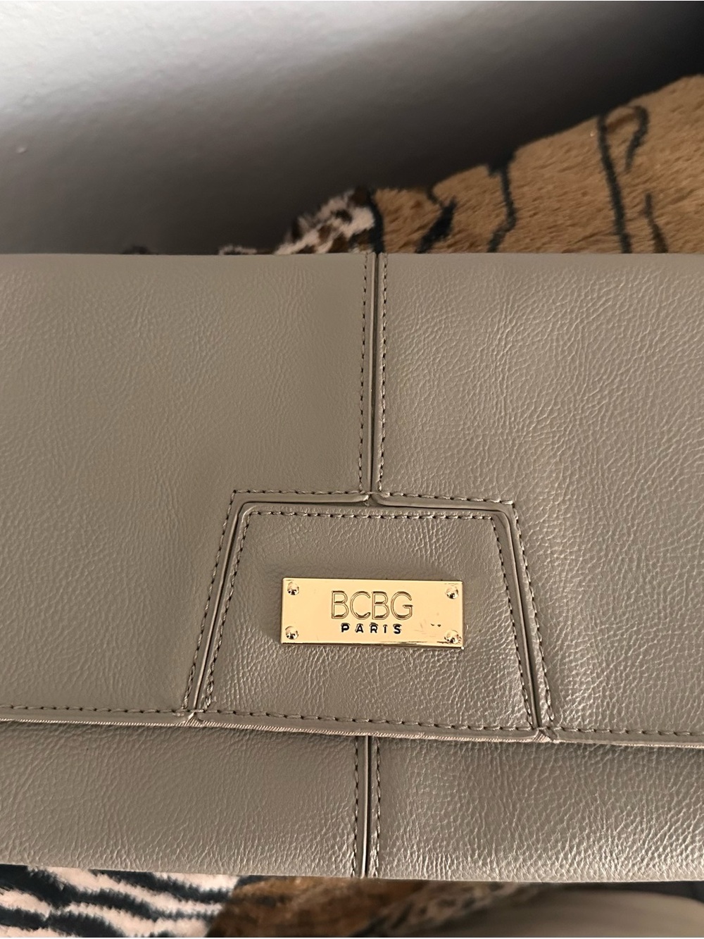 BCBG Paris Taupe Leather Shoulder Bag with Gold Plaque